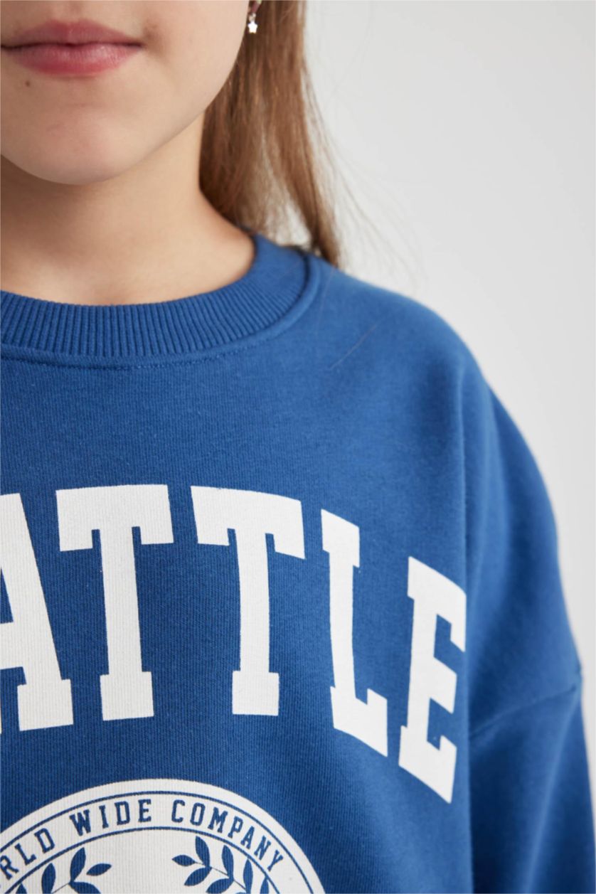 GIRLS & TEENS Blue Girl Oversize Fit Crew Neck Printed Sweatshirt