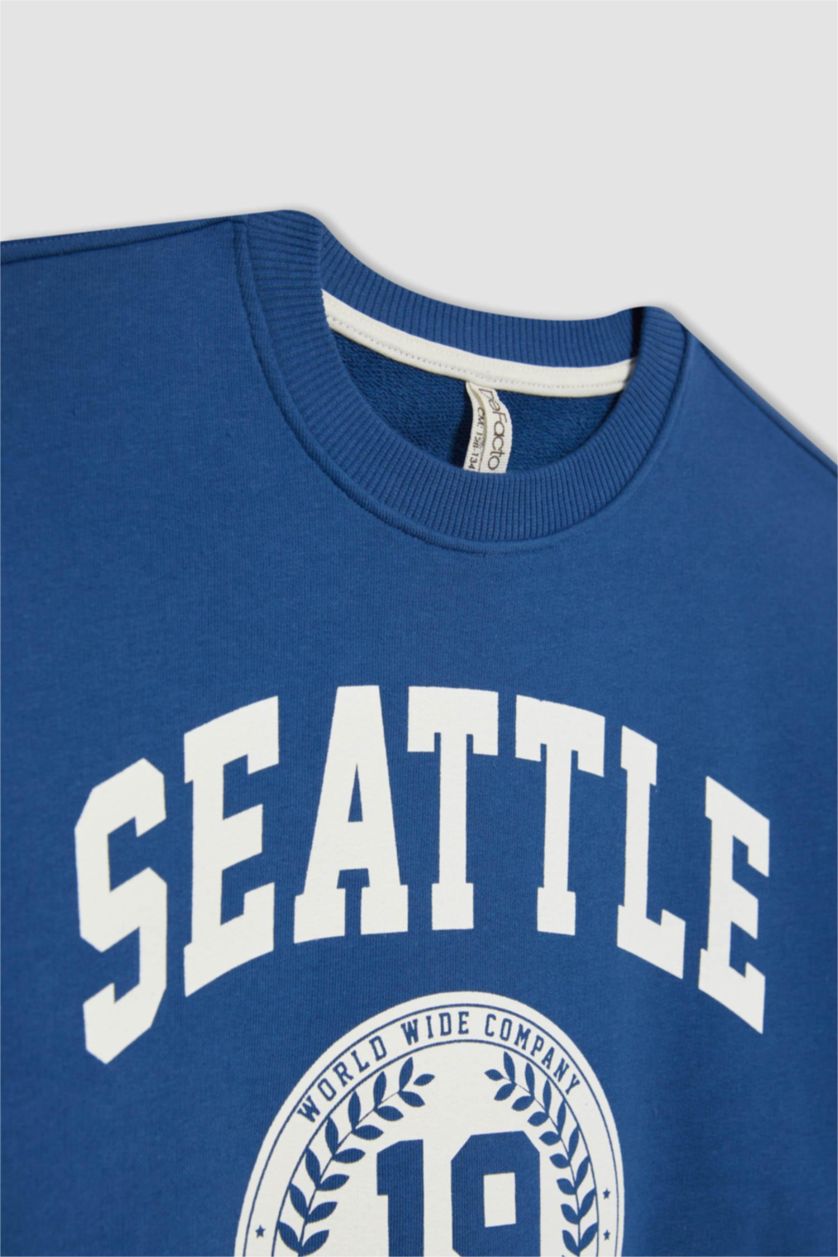 GIRLS & TEENS Blue Girl Oversize Fit Crew Neck Printed Sweatshirt