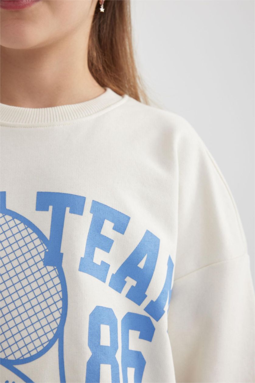 Kız Çocuk - Genç Kız Ekru Oversize Geniş Kalıp Bisiklet Yaka Baskılı Sweatshirt Kız Çocuk