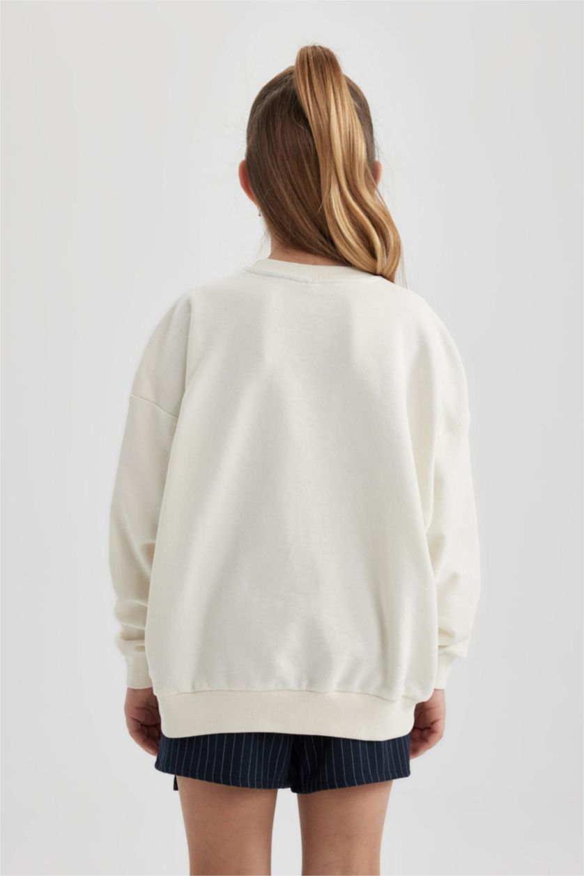 Kız Çocuk - Genç Kız Ekru Oversize Geniş Kalıp Bisiklet Yaka Baskılı Sweatshirt Kız Çocuk