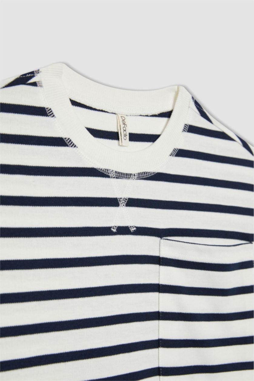 بنات كحلي سويت شيرت مخطط بناتي قصة عادية بجيب