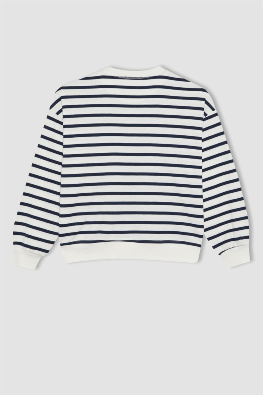 بنات كحلي سويت شيرت مخطط بناتي قصة عادية بجيب