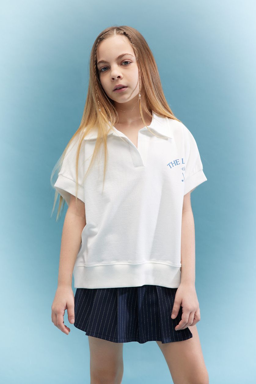 Kız Çocuk - Genç Kız Ekru Oversize Geniş Kalıp Polo Yaka Baskılı Kısa Kollu Tişört Kız Çocuk