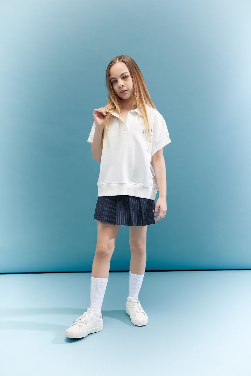 Kız Çocuk - Genç Kız Ekru Oversize Geniş Kalıp Polo Yaka Baskılı Kısa Kollu Tişört Kız Çocuk