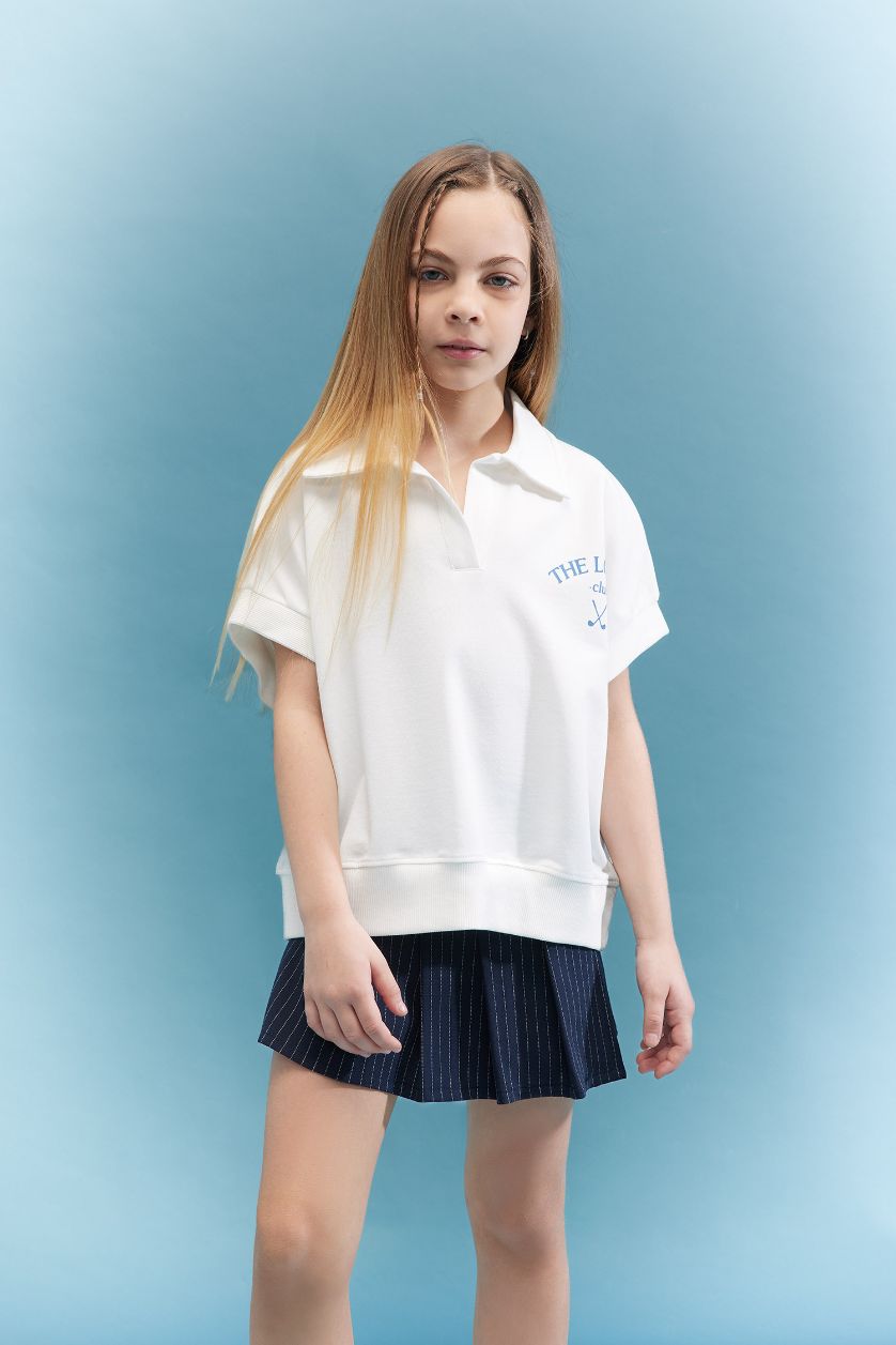 Kız Çocuk - Genç Kız Ekru Oversize Geniş Kalıp Polo Yaka Baskılı Kısa Kollu Tişört Kız Çocuk
