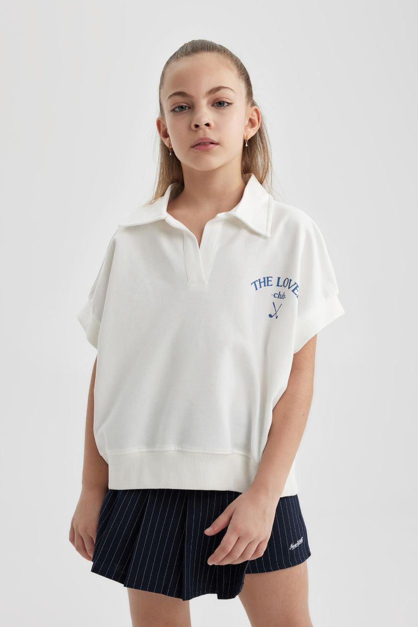 Kız Çocuk - Genç Kız Ekru Oversize Geniş Kalıp Polo Yaka Baskılı Kısa Kollu Tişört Kız Çocuk
