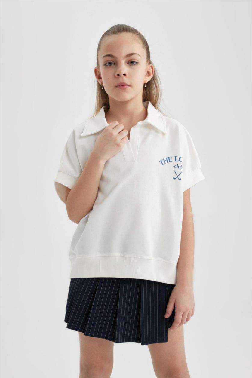 Kız Çocuk - Genç Kız Ekru Oversize Geniş Kalıp Polo Yaka Baskılı Kısa Kollu Tişört Kız Çocuk