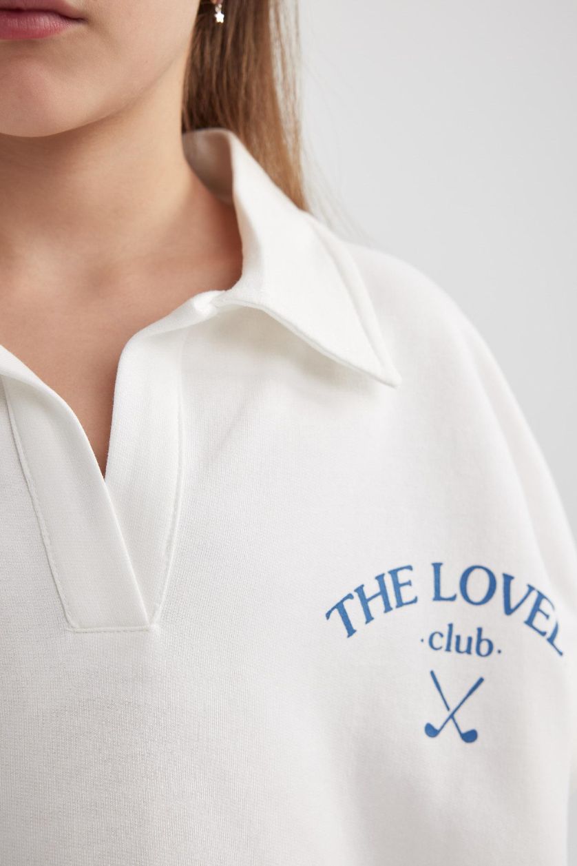 Kız Çocuk - Genç Kız Ekru Oversize Geniş Kalıp Polo Yaka Baskılı Kısa Kollu Tişört Kız Çocuk