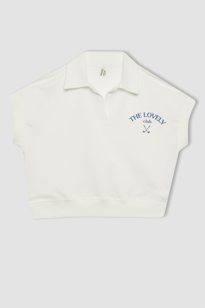 Kız Çocuk - Genç Kız Ekru Oversize Geniş Kalıp Polo Yaka Baskılı Kısa Kollu Tişört Kız Çocuk