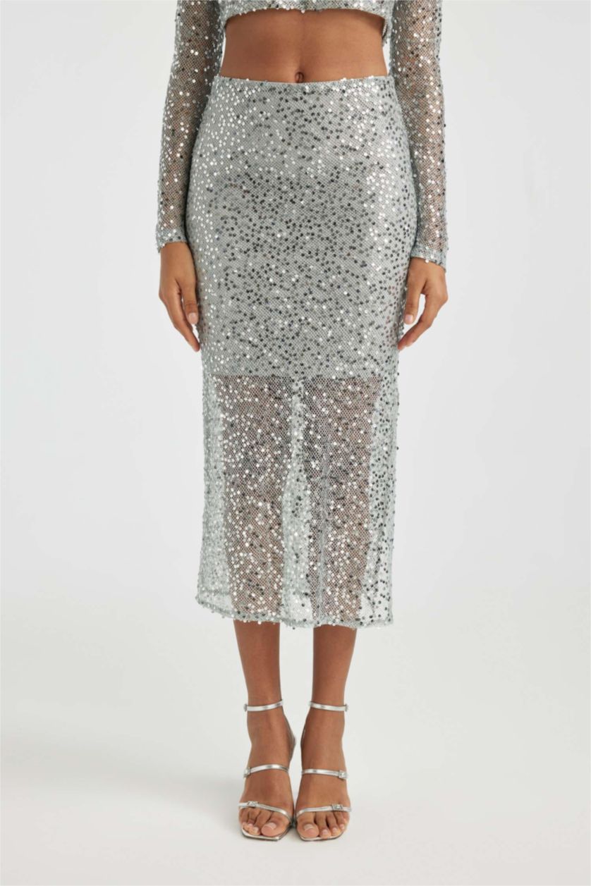 حريمي Ekru Melanj جيبة طويلة بالترتر وفتحة