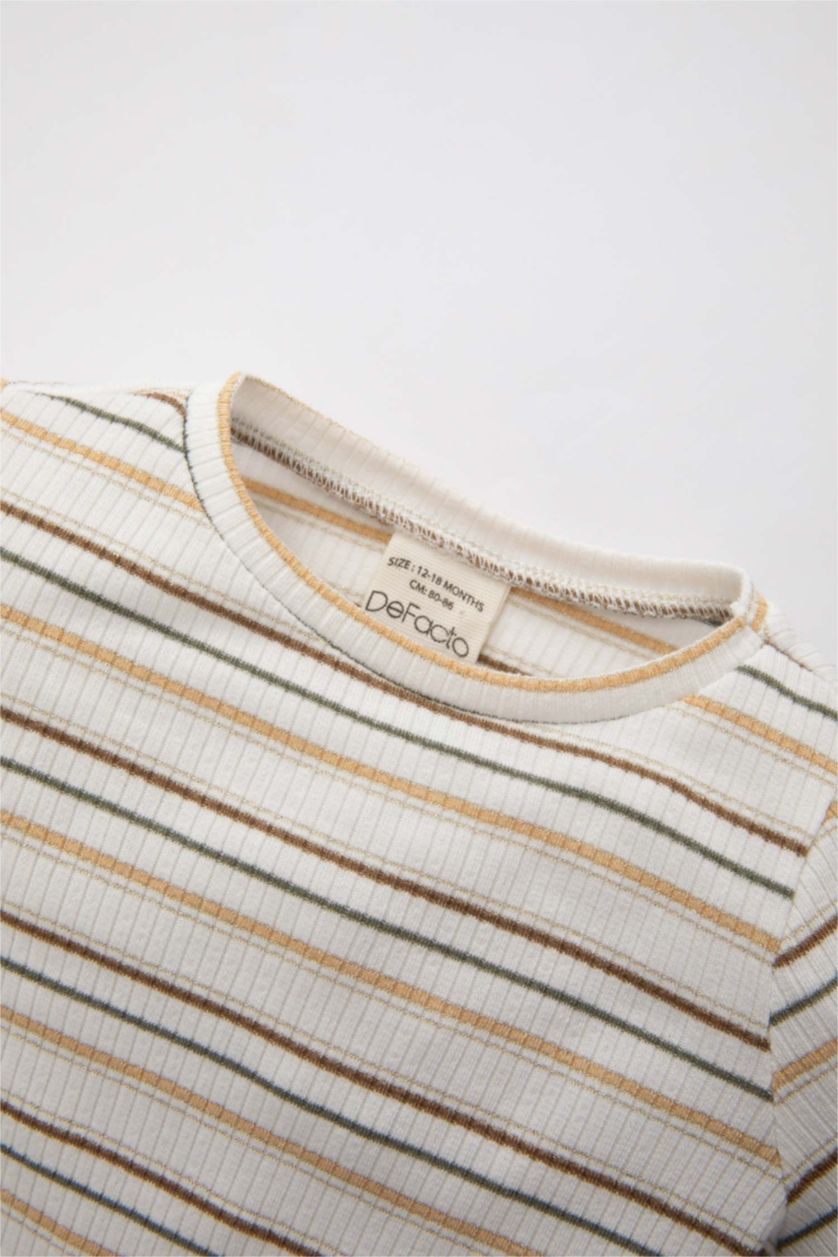 BABY GIRL Light Pink Baby Girl Crew Neck Striped Shiny Fabric T-Shirt