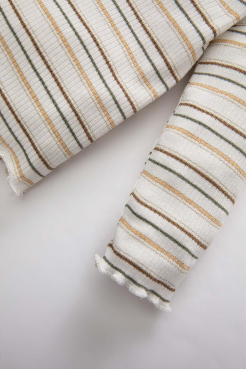 BABY GIRL Light Pink Baby Girl Crew Neck Striped Shiny Fabric T-Shirt