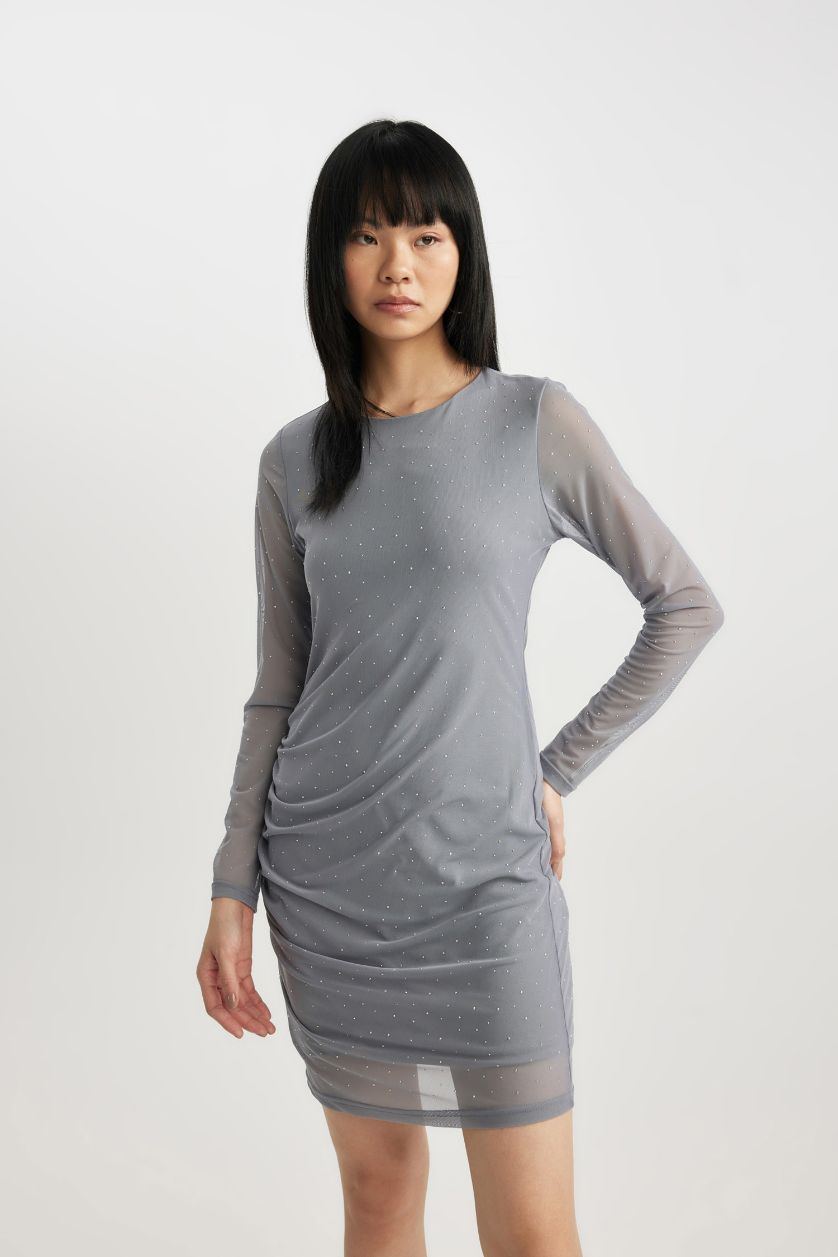 WOMAN Light Grey Bodycon Crew Neck Tulle Mini Dress
