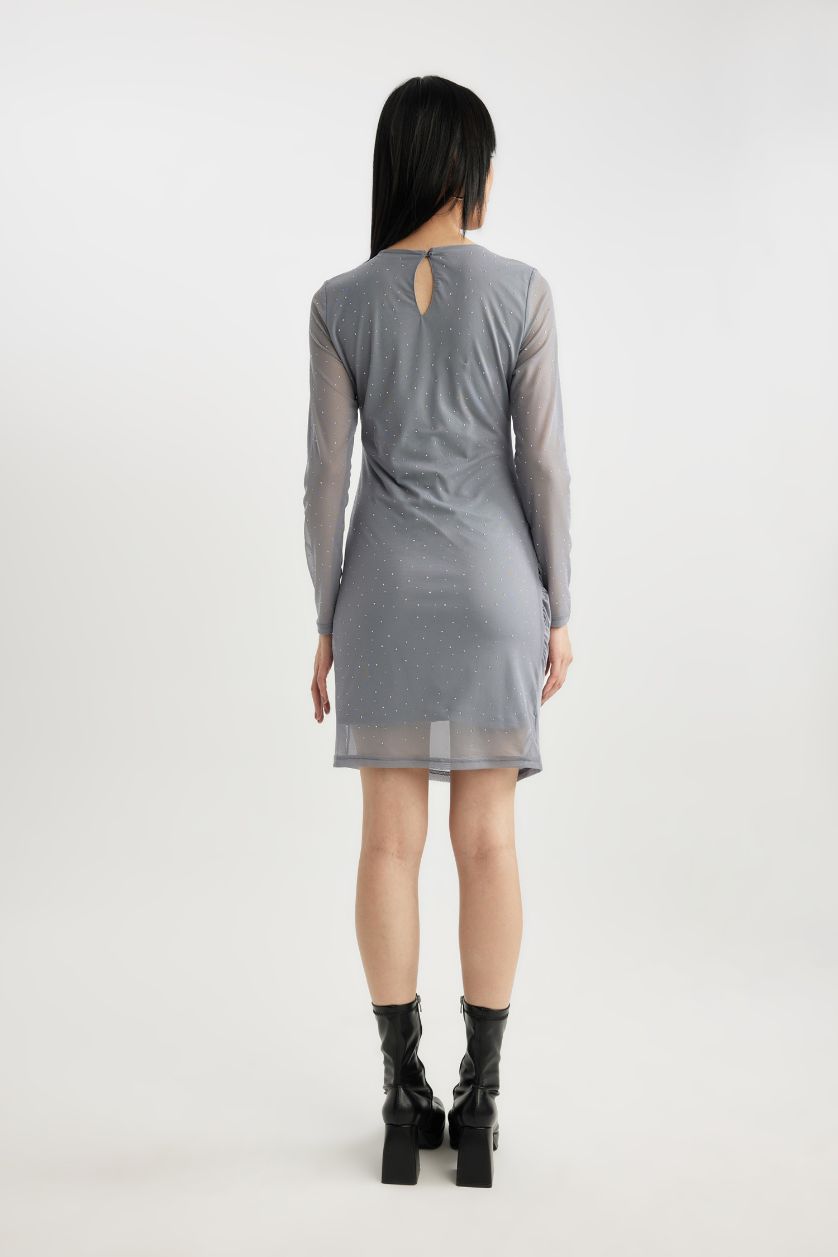 WOMAN Light Grey Bodycon Crew Neck Tulle Mini Dress