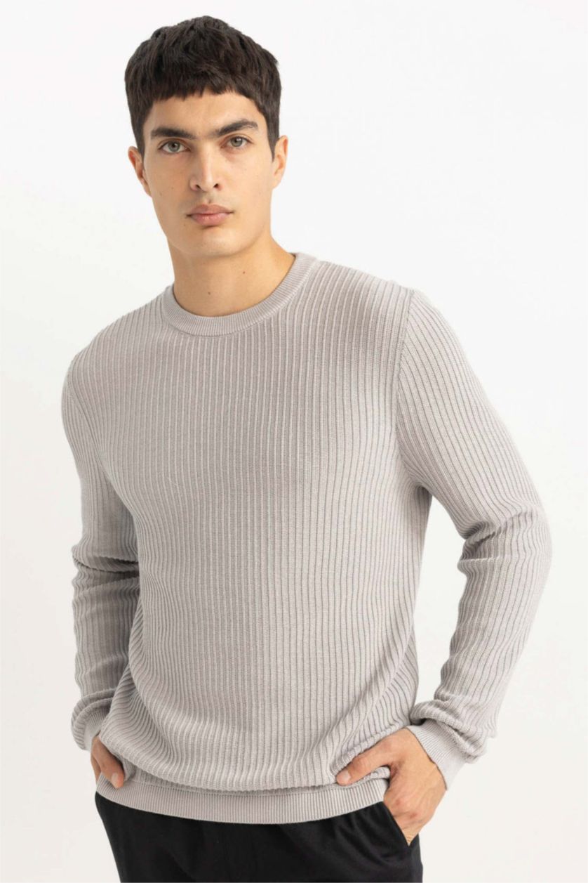 رجالي رمادي فاتح بلوفر تريكو قصة عادية برقبة مستديرة