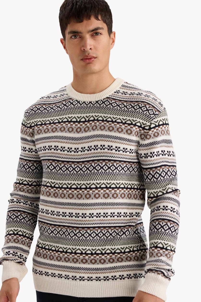 HOMME Écru Pull en maille à col rond Coupe Standard