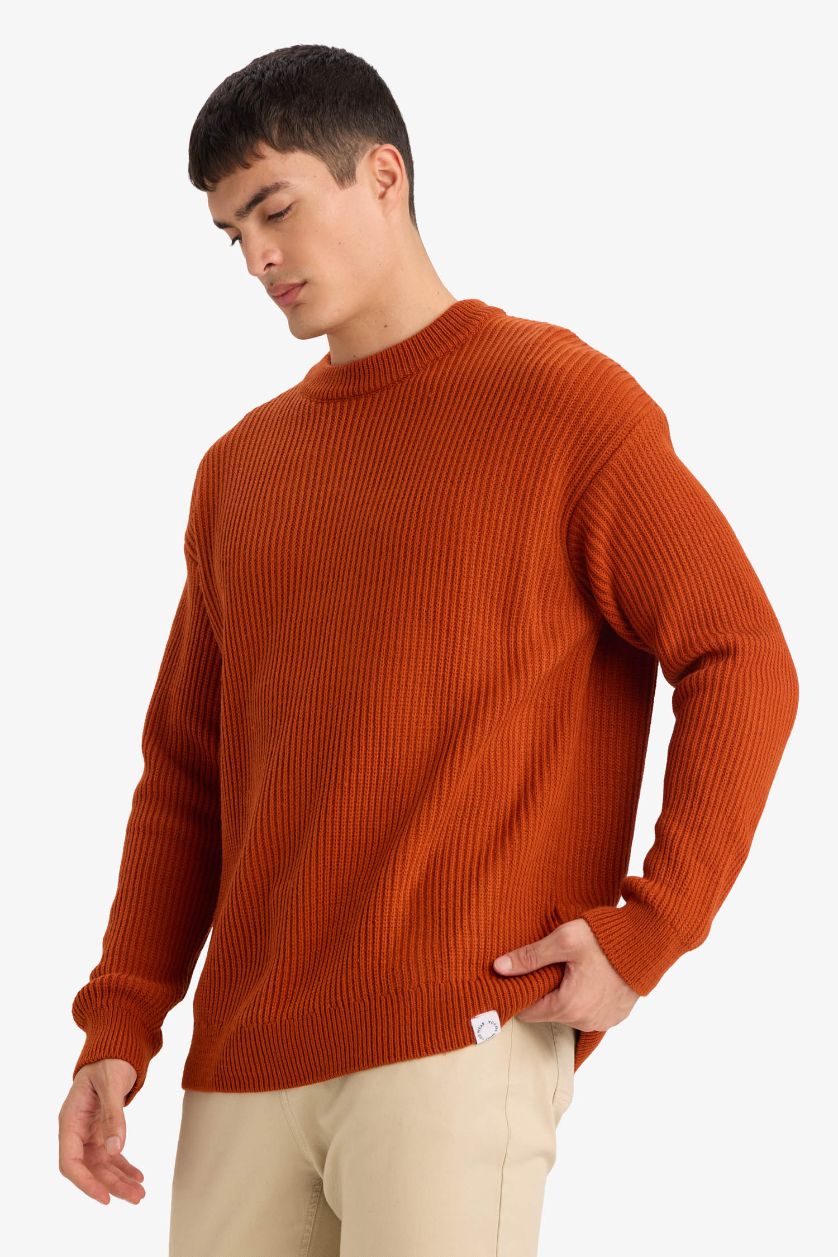 Man Dark Orange Oversize Fit Crew Neck Knitwear Pullover