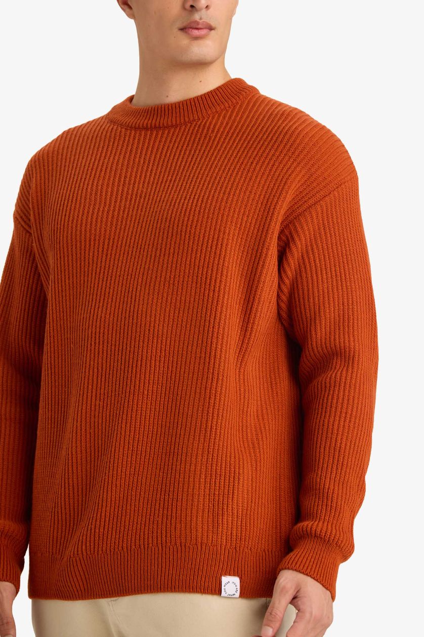 Man Dark Orange Oversize Fit Crew Neck Knitwear Pullover