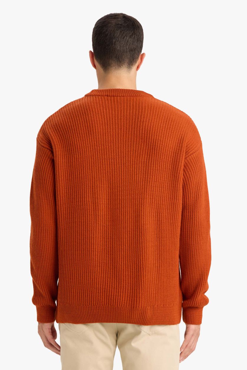 Man Dark Orange Oversize Fit Crew Neck Knitwear Pullover