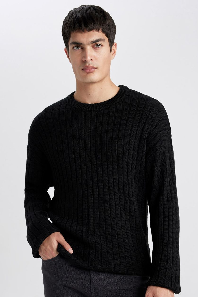 Erkek Siyah Relax Fit Bisiklet Yaka Basic Düz Triko Kazak