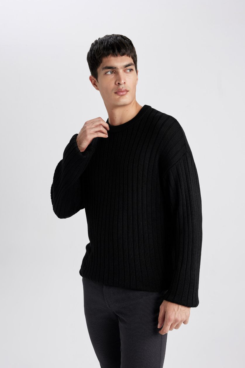 Erkek Siyah Relax Fit Bisiklet Yaka Basic Düz Triko Kazak