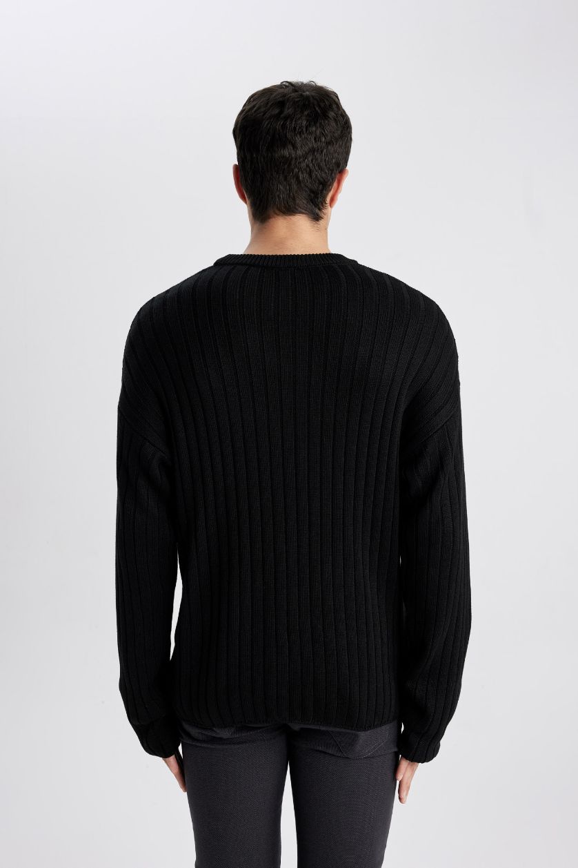 Erkek Siyah Relax Fit Bisiklet Yaka Basic Düz Triko Kazak