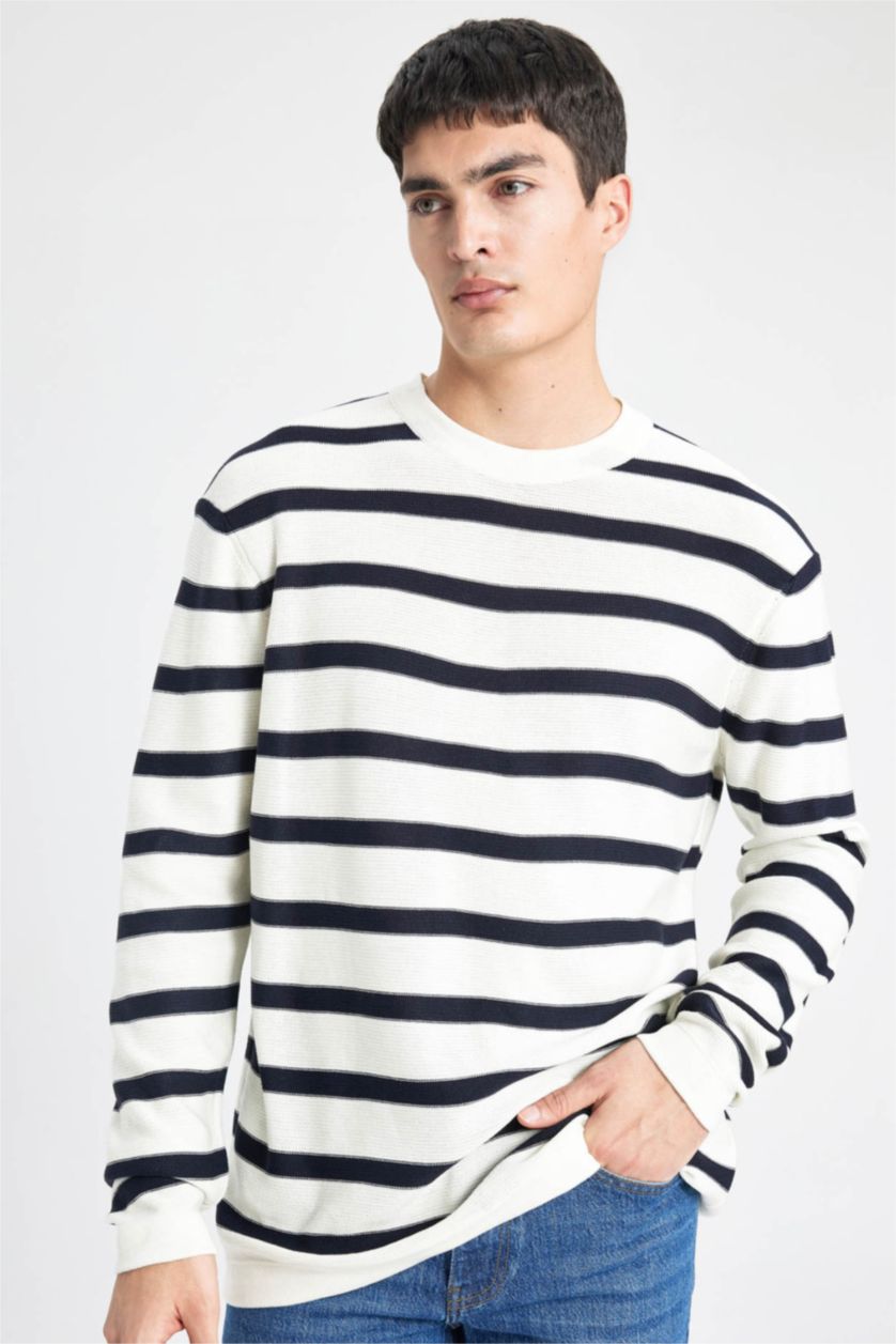 Erkek Ekru Standart Fit Normal Kesim Bisiklet Yaka Triko Çizgili Kazak