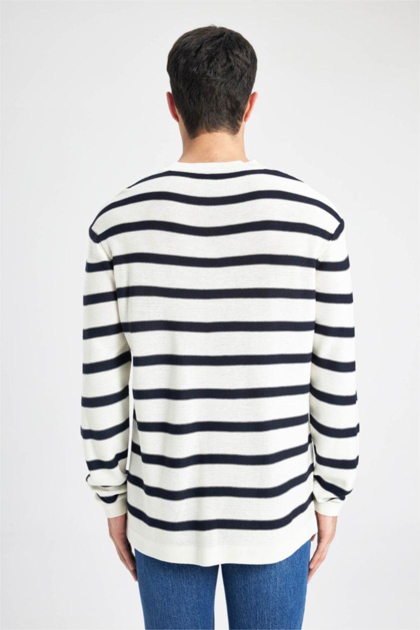 Erkek Ekru Standart Fit Normal Kesim Bisiklet Yaka Triko Çizgili Kazak