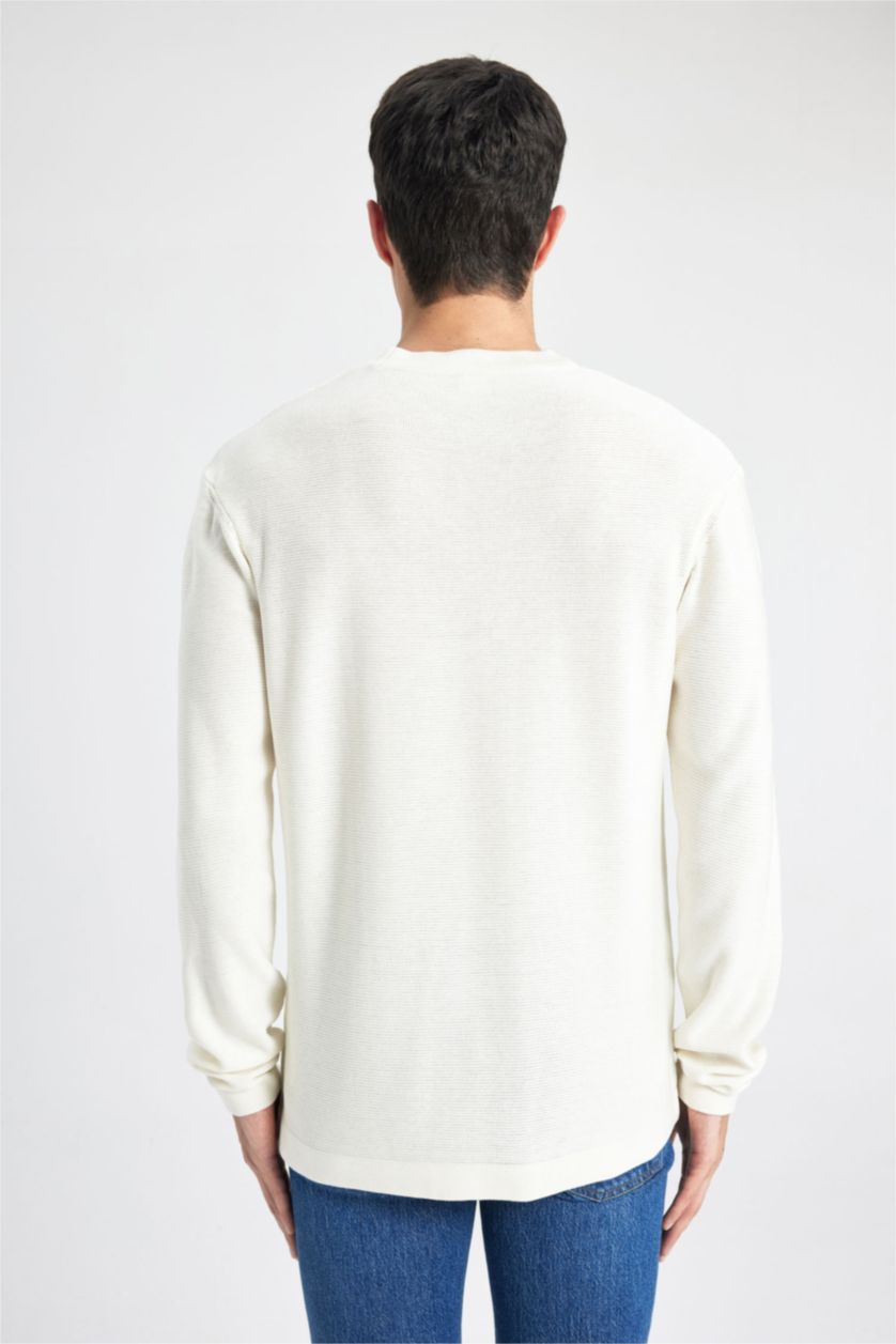 Erkek Ekru Standart Fit Normal Kesim Bisiklet Yaka Basic Düz Triko Kazak