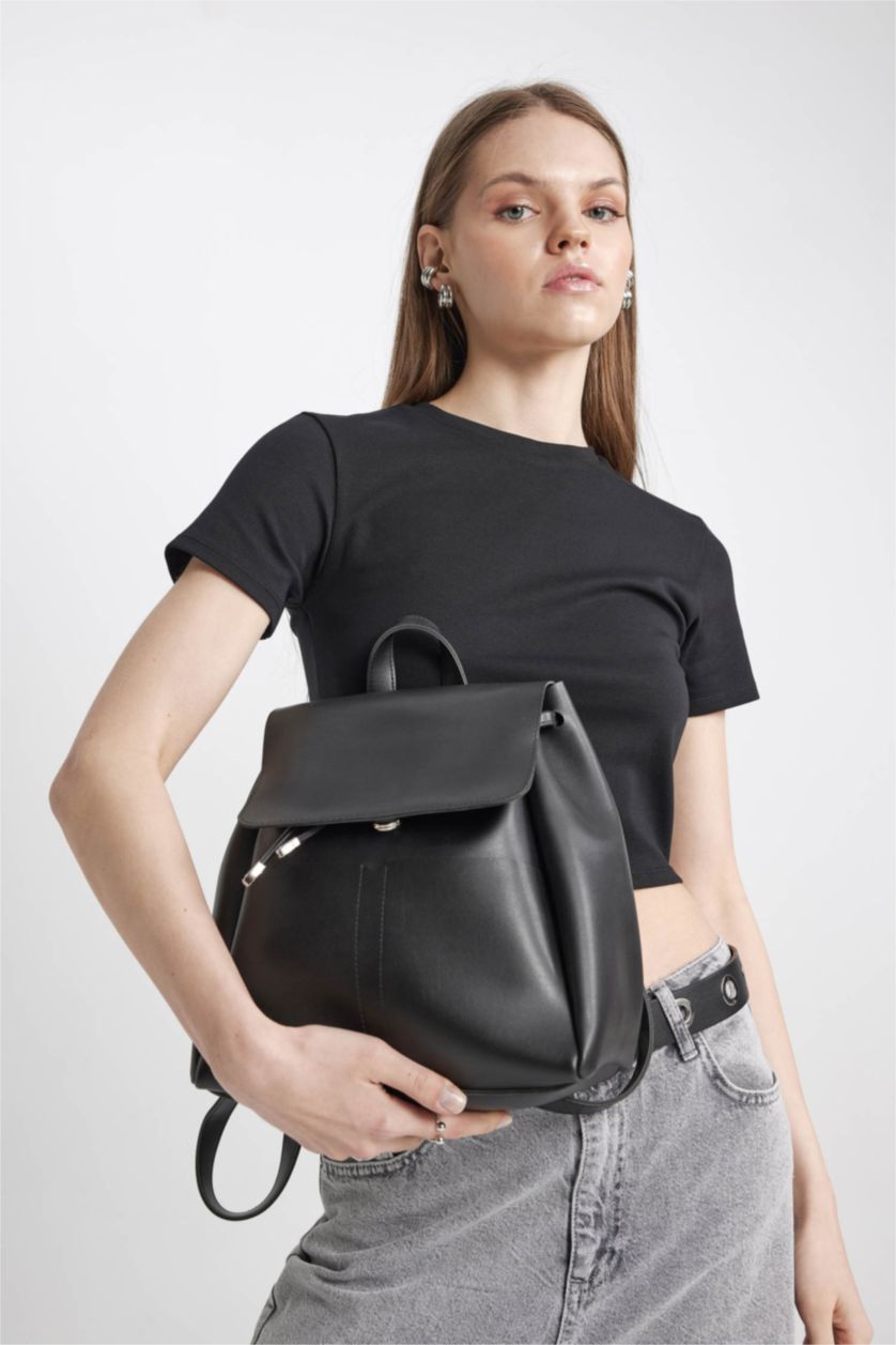 Woman Black Faux Leather Backpack
