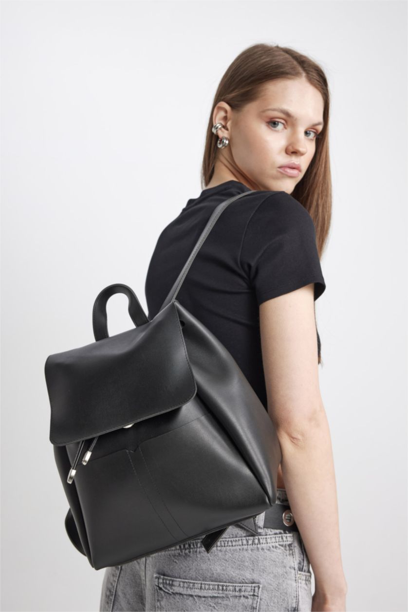 Woman Black Faux Leather Backpack