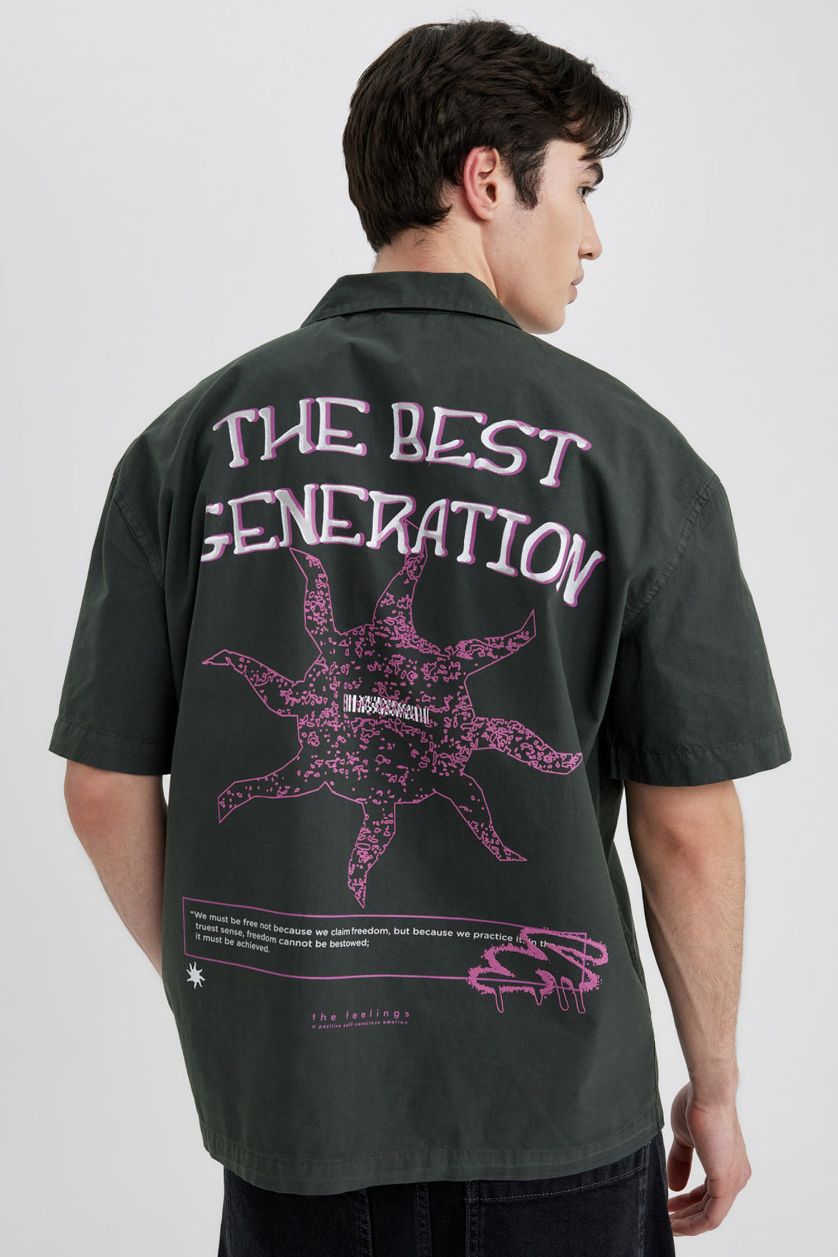 رجال أنثرا قميص نص ردن قطن مطبوع قصة مريحة