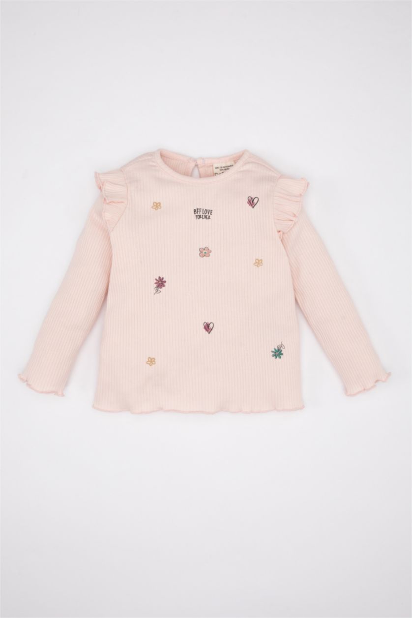 BABY GIRL Light Pink Baby Girl Crew Neck Printed Ribbed Camisole T-Shirt