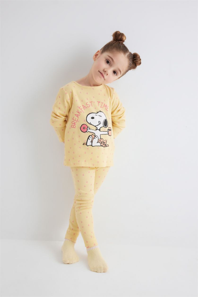 Kız Bebek Sarı Kız Bebek Pijama Takımı Snoopy Fitilli Kaşkorse Uzun Kollu Üst Uzun Alt