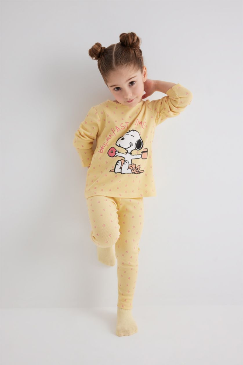 Kız Bebek Sarı Kız Bebek Pijama Takımı Snoopy Fitilli Kaşkorse Uzun Kollu Üst Uzun Alt