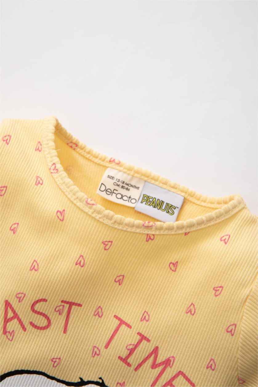 Kız Bebek Sarı Kız Bebek Pijama Takımı Snoopy Fitilli Kaşkorse Uzun Kollu Üst Uzun Alt