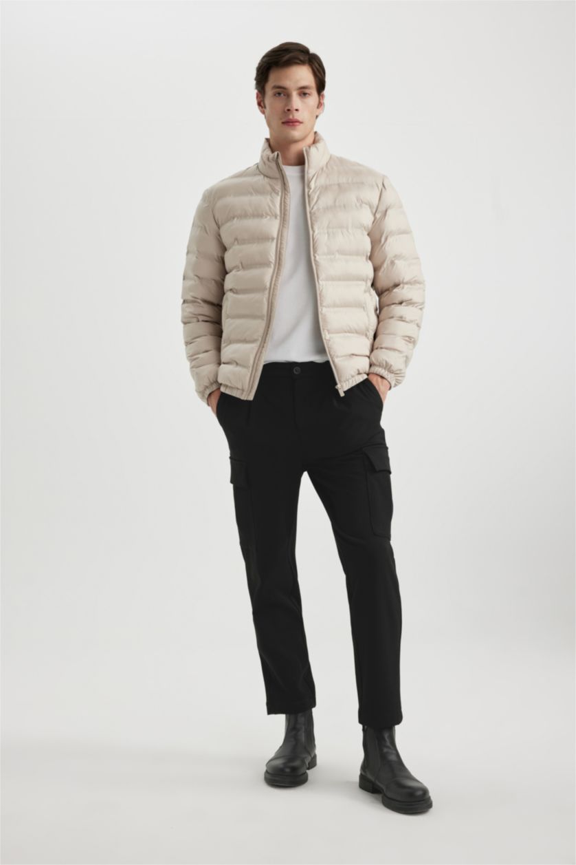 Erkek Taş Slim Fit Mevsimlik Şişme Mont Dar Kesim Dik Yaka Fermuarlı Cepli