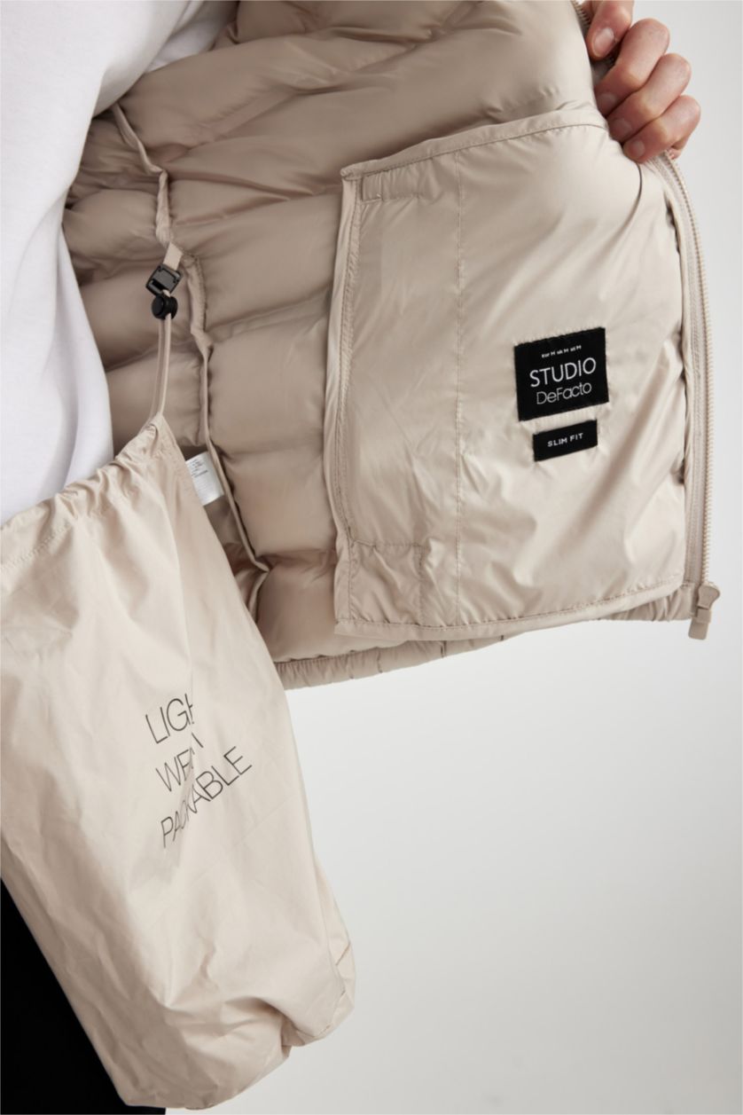 Erkek Taş Slim Fit Mevsimlik Şişme Mont Dar Kesim Dik Yaka Fermuarlı Cepli