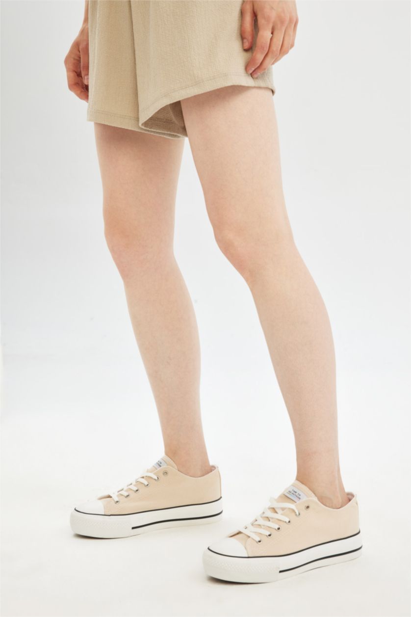 Woman Beige Woman Thick Sole Laced Cloth Shoes