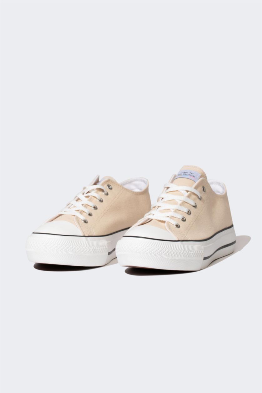 Woman Beige Woman Thick Sole Laced Cloth Shoes