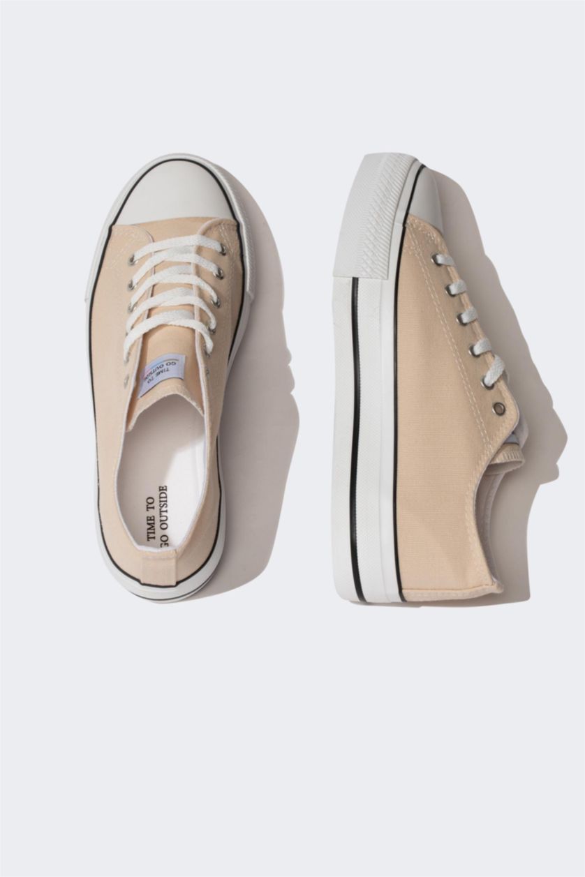 Woman Beige Woman Thick Sole Laced Cloth Shoes