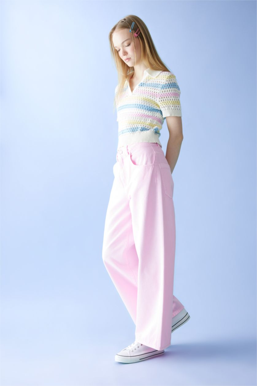 FEMME Rose Clair Pantalon en Gabardine à Jambes Larges