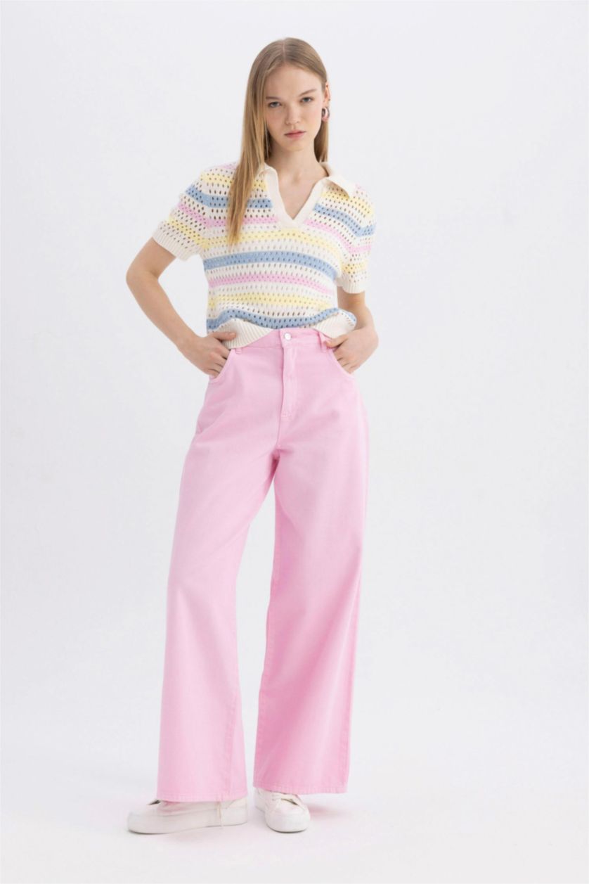 FEMME Rose Clair Pantalon en Gabardine à Jambes Larges