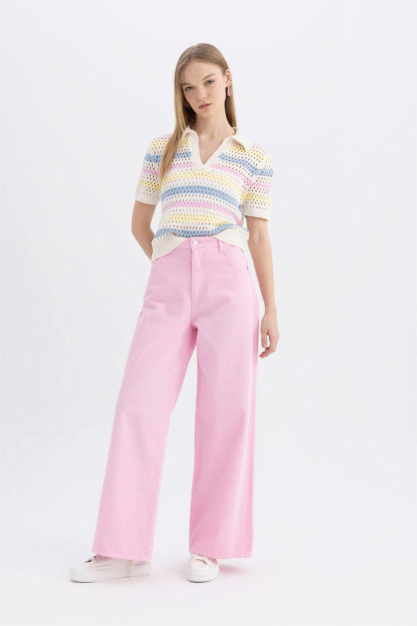 FEMME Rose Clair Pantalon en Gabardine à Jambes Larges