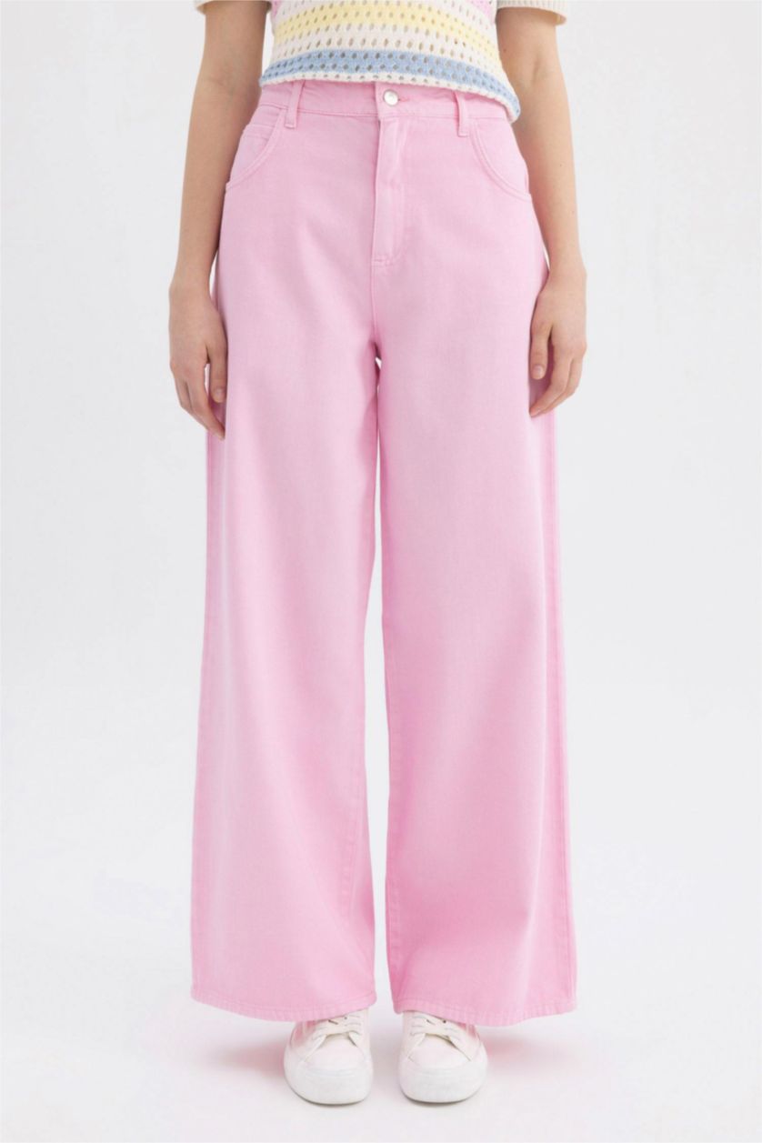 FEMME Rose Clair Pantalon en Gabardine à Jambes Larges