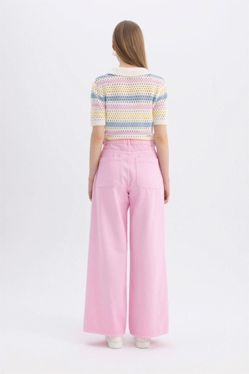 FEMME Rose Clair Pantalon en Gabardine à Jambes Larges