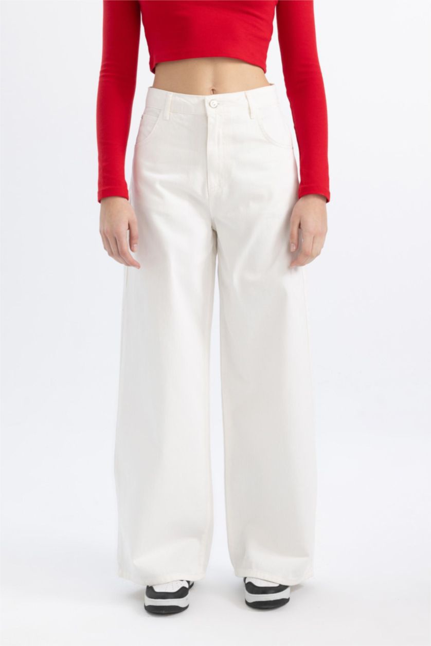 WOMAN White Wide Leg Gabardine Trousers