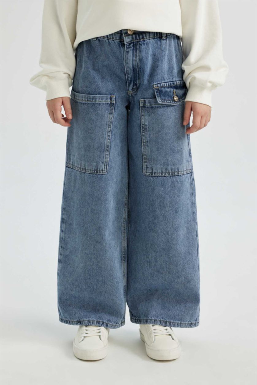 بنات أزرق ثلجي بنطرون بناتي وايد ليج برحل واسع وجيب