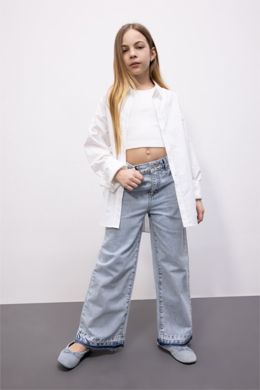 بنات أزرق فاتح بنطلون بناتي وايد ليج برجل واسع بجيب