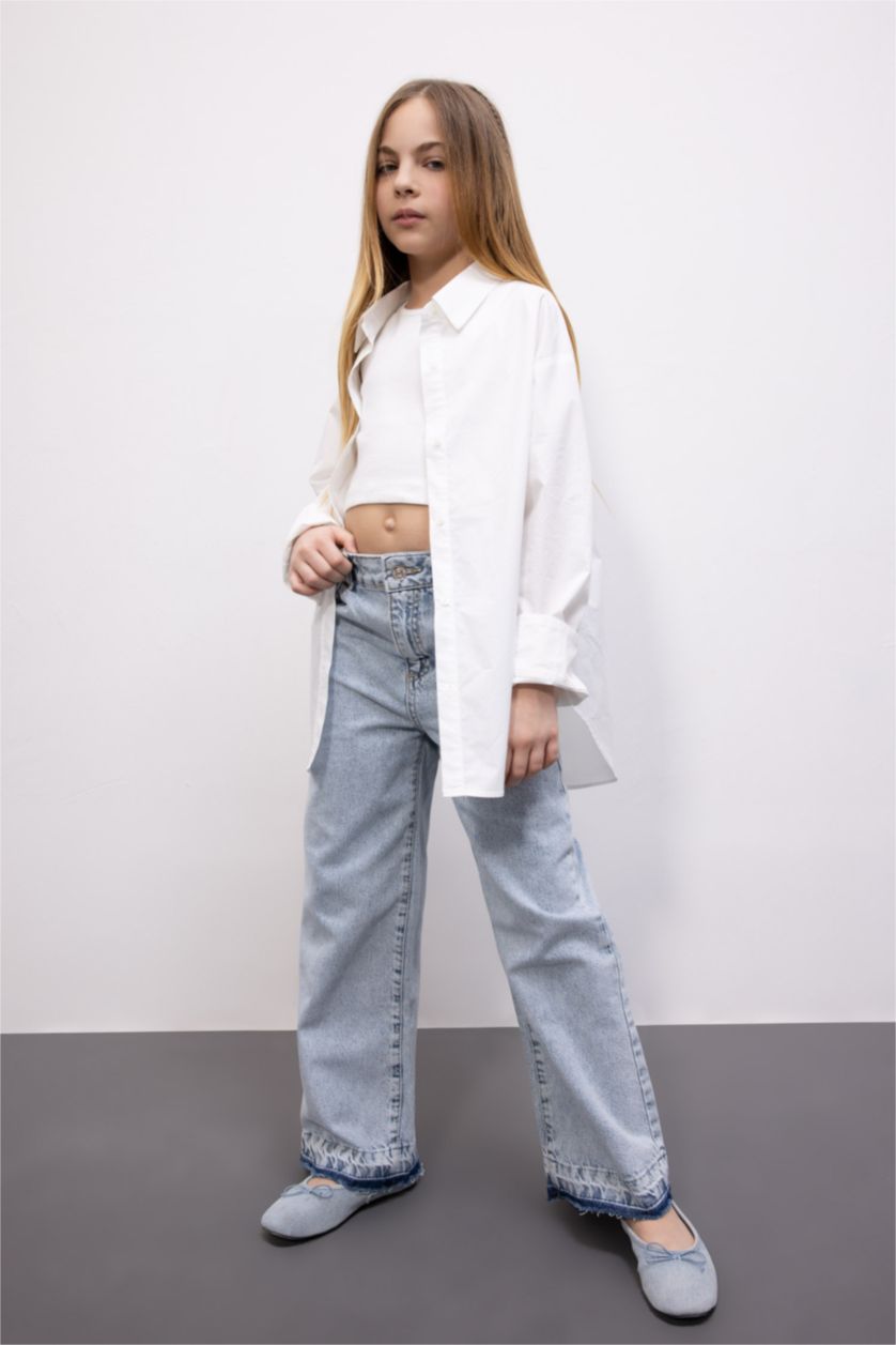 بنات أزرق فاتح بنطلون بناتي وايد ليج برجل واسع بجيب